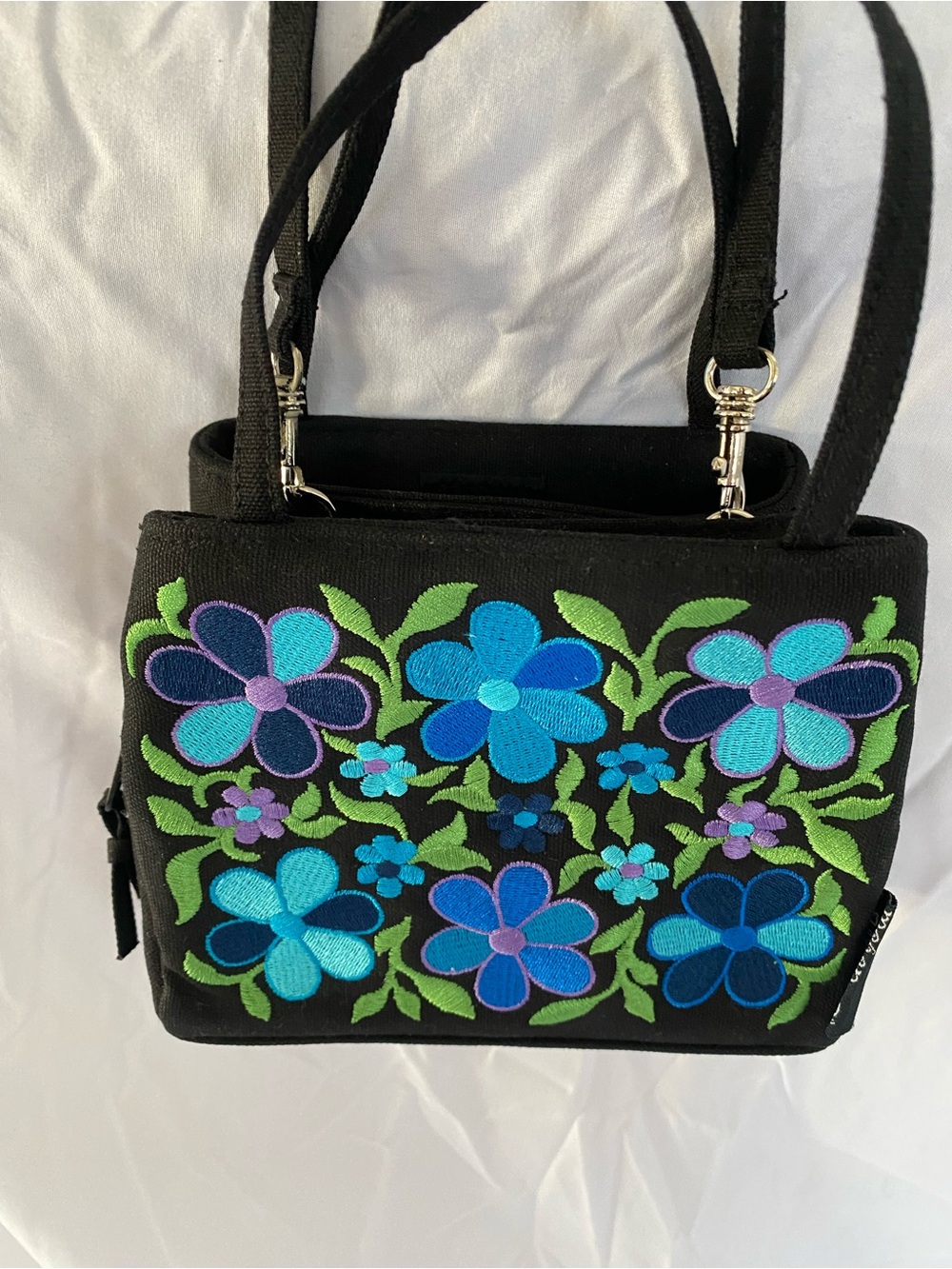 megan & allie Black Floral Embroidered Crossbody Bag with Blue & Teal Flowers
